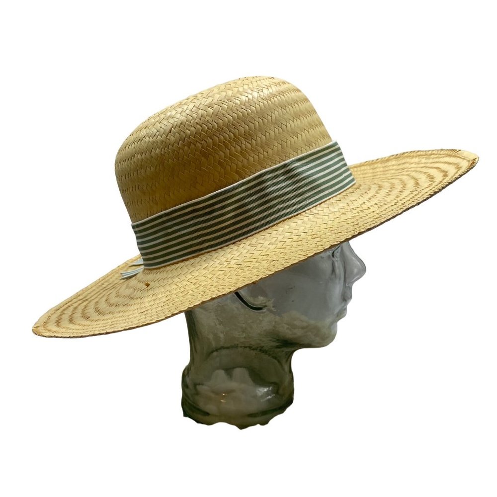 Handmade Straw Panama Hat with Green Stripe Grosgrain Ribbon Detail - Picture 7 of 11
